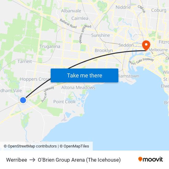 Werribee to O'Brien Group Arena (The Icehouse) map