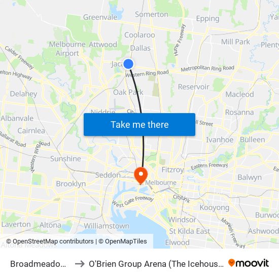 Broadmeadows to O'Brien Group Arena (The Icehouse) map