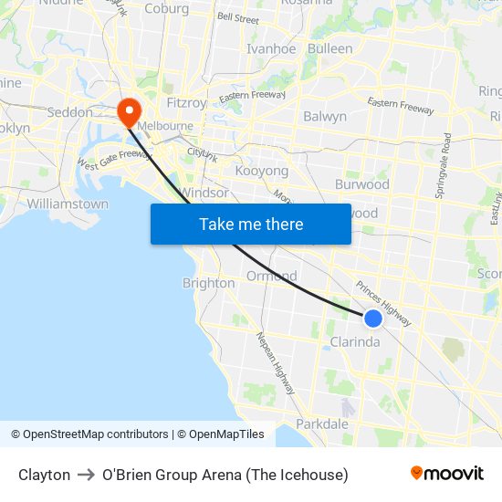 Clayton to O'Brien Group Arena (The Icehouse) map