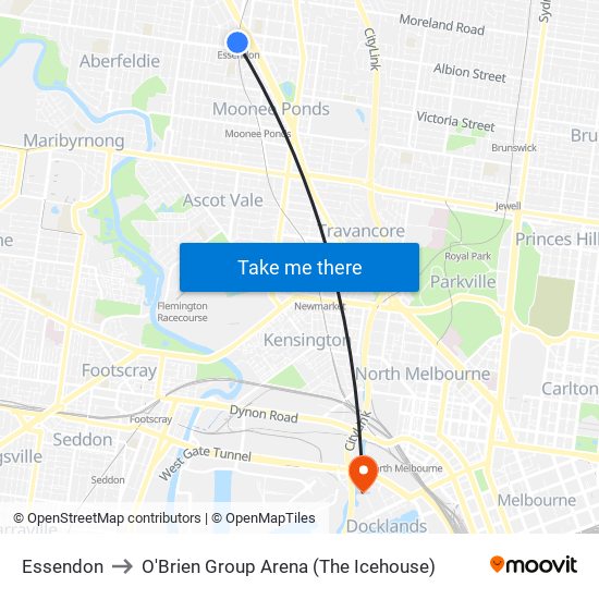 Essendon to O'Brien Group Arena (The Icehouse) map