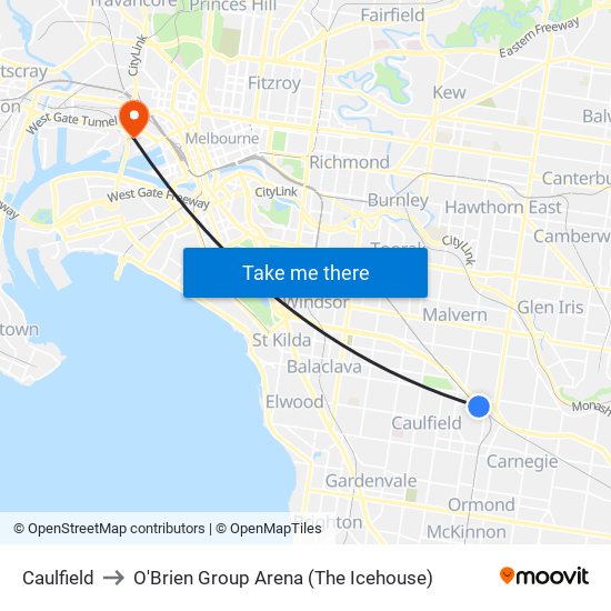 Caulfield to O'Brien Group Arena (The Icehouse) map