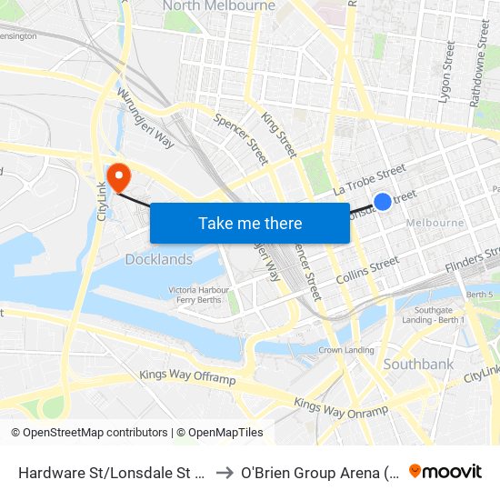 Hardware St/Lonsdale St (Melbourne City) to O'Brien Group Arena (The Icehouse) map