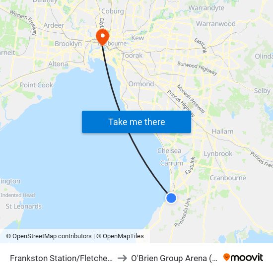 Frankston Station/Fletcher Rd (Frankston) to O'Brien Group Arena (The Icehouse) map