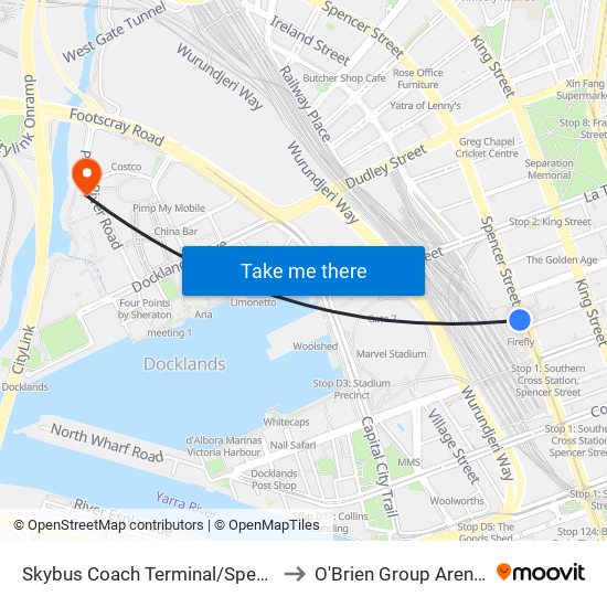 Skybus Coach Terminal/Spencer St (Melbourne City) to O'Brien Group Arena (The Icehouse) map