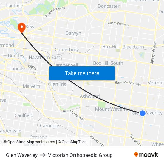 Glen Waverley to Victorian Orthopaedic Group map