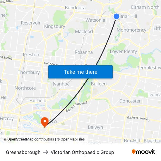 Greensborough to Victorian Orthopaedic Group map