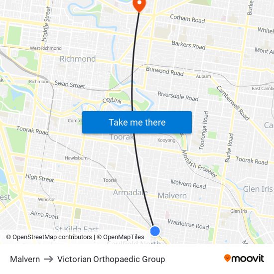 Malvern to Victorian Orthopaedic Group map