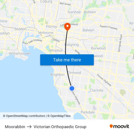 Moorabbin to Victorian Orthopaedic Group map