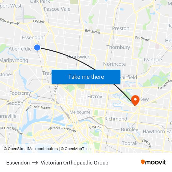 Essendon to Victorian Orthopaedic Group map