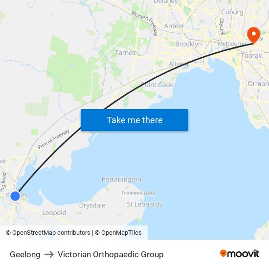 Geelong to Victorian Orthopaedic Group map