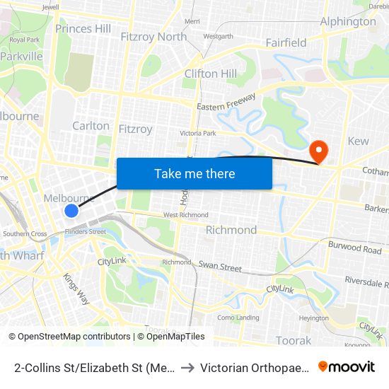 2-Collins St/Elizabeth St (Melbourne City) to Victorian Orthopaedic Group map