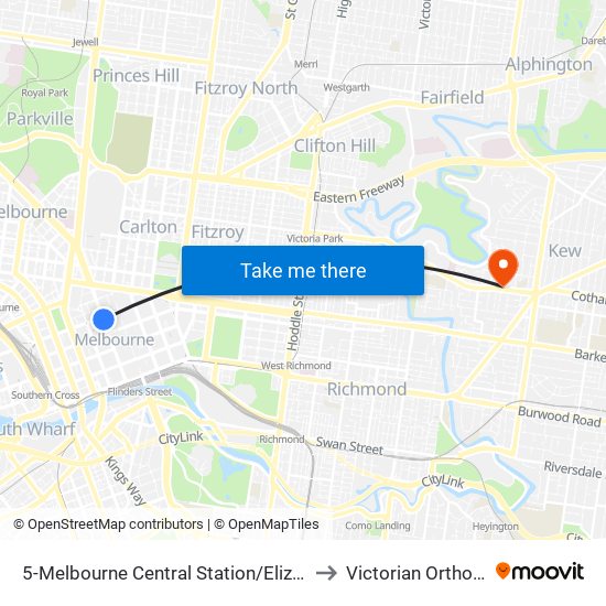 5-Melbourne Central Station/Elizabeth St (Melbourne City) to Victorian Orthopaedic Group map