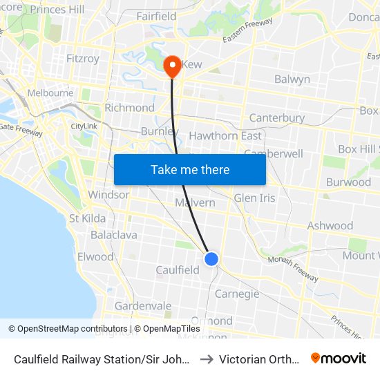 Caulfield Railway Station/Sir John Monash Dr (Caulfield East) to Victorian Orthopaedic Group map