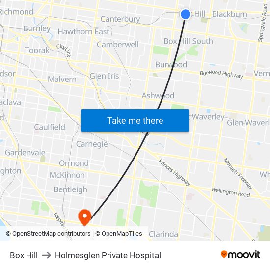 Box Hill to Holmesglen Private Hospital map