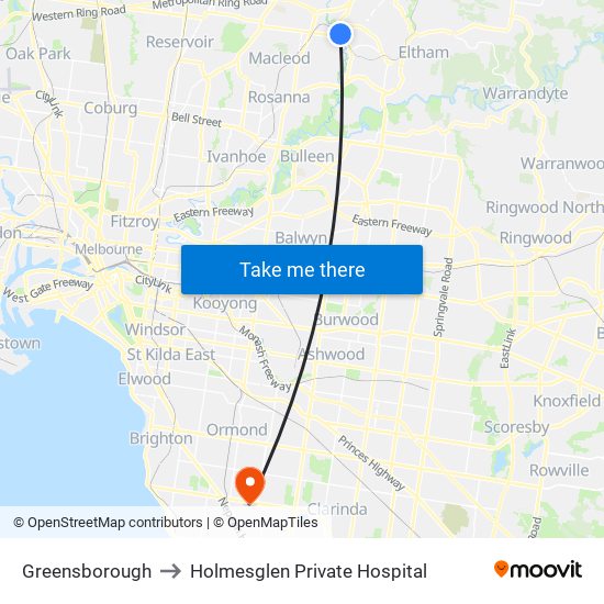 Greensborough to Holmesglen Private Hospital map