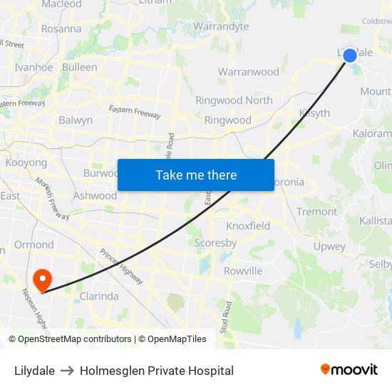 Lilydale to Holmesglen Private Hospital map