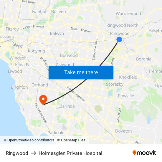 Ringwood to Holmesglen Private Hospital map