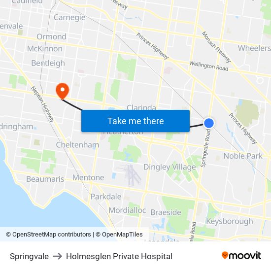 Springvale to Holmesglen Private Hospital map