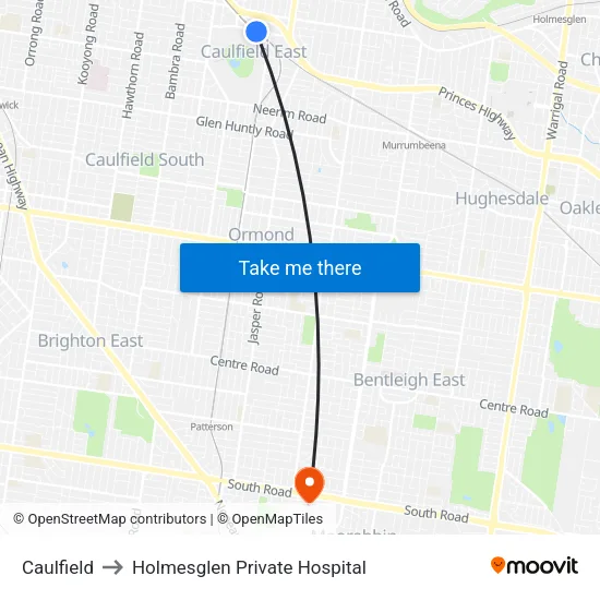 Caulfield to Holmesglen Private Hospital map
