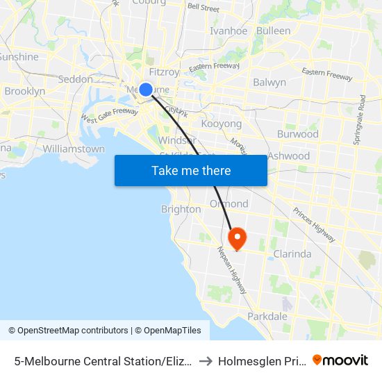 5-Melbourne Central Station/Elizabeth St (Melbourne City) to Holmesglen Private Hospital map