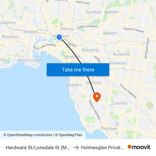 Hardware St/Lonsdale St (Melbourne City) to Holmesglen Private Hospital map