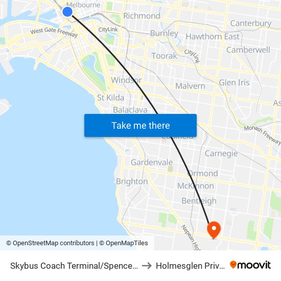 Skybus Coach Terminal/Spencer St (Melbourne City) to Holmesglen Private Hospital map