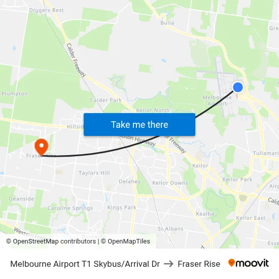 Melbourne Airport T1 Skybus/Arrival Dr to Fraser Rise map
