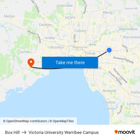 Box Hill to Victoria University Werribee Campus map