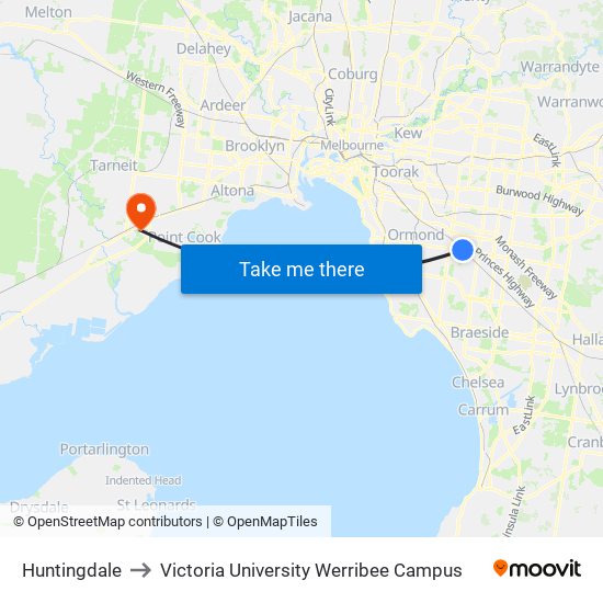 Huntingdale to Victoria University Werribee Campus map