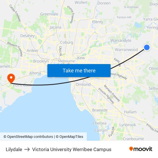 Lilydale to Victoria University Werribee Campus map