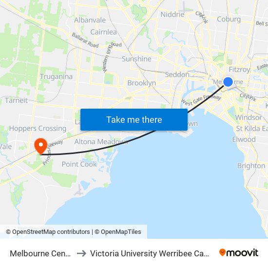 Melbourne Central to Victoria University Werribee Campus map