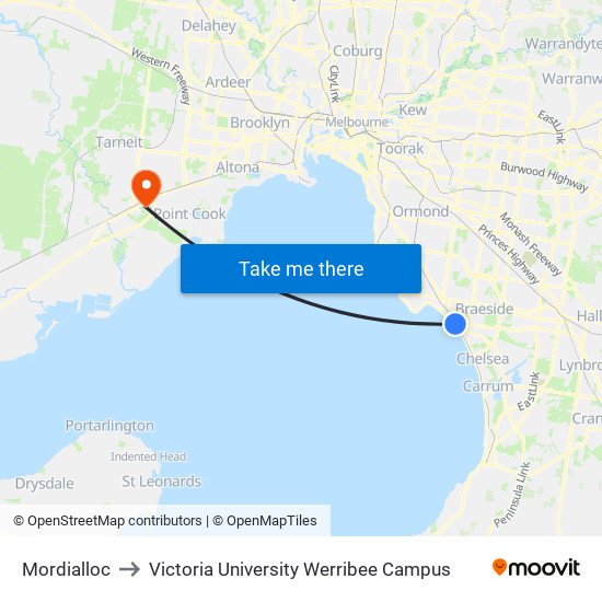 Mordialloc to Victoria University Werribee Campus map