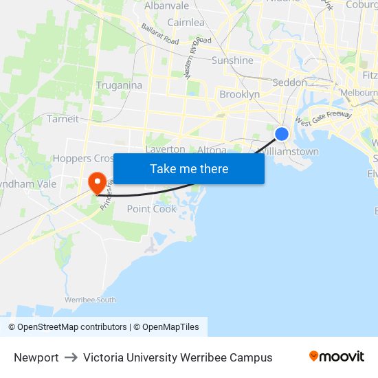 Newport to Victoria University Werribee Campus map