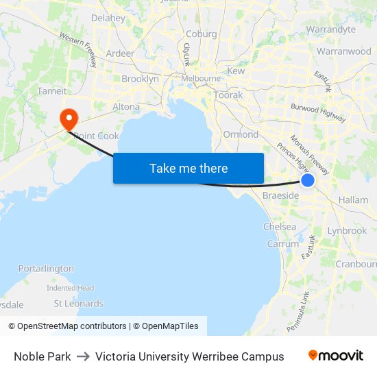 Noble Park to Victoria University Werribee Campus map