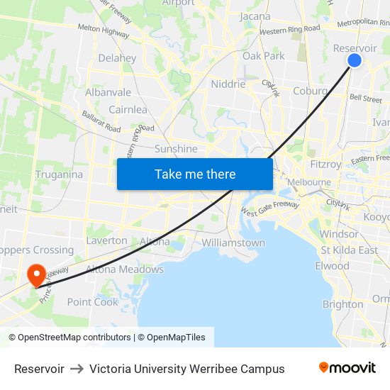 Reservoir to Victoria University Werribee Campus map