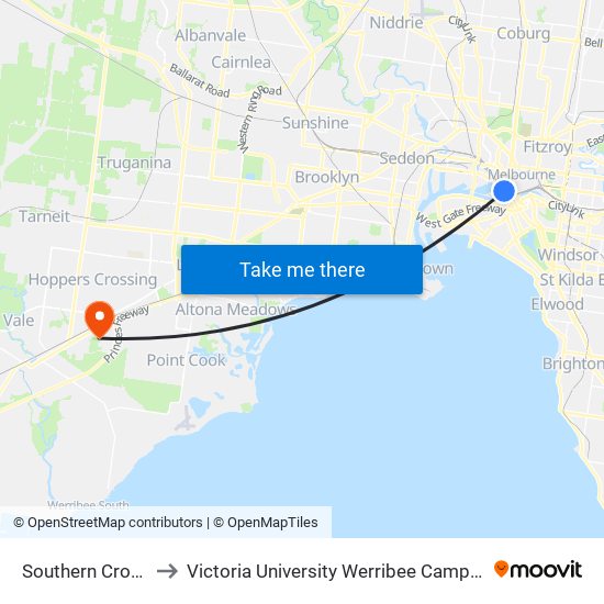 Southern Cross to Victoria University Werribee Campus map