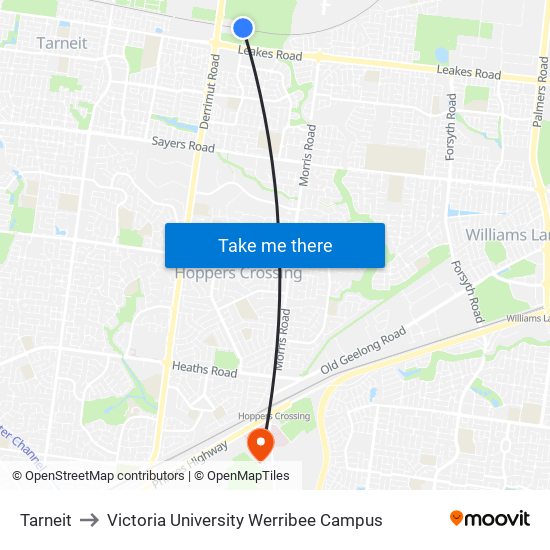 Tarneit to Victoria University Werribee Campus map