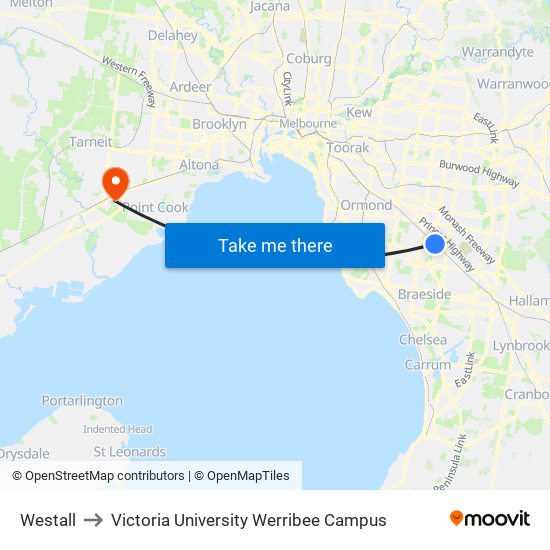 Westall to Victoria University Werribee Campus map