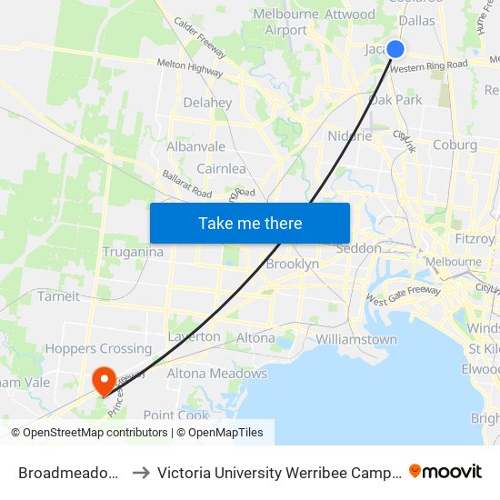 Broadmeadows to Victoria University Werribee Campus map