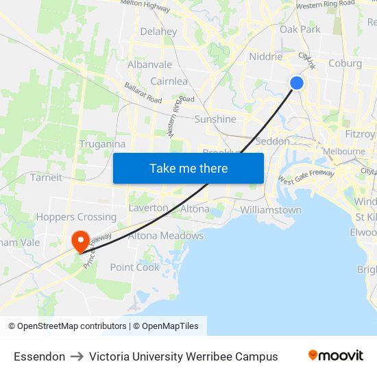 Essendon to Victoria University Werribee Campus map