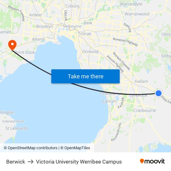 Berwick to Victoria University Werribee Campus map