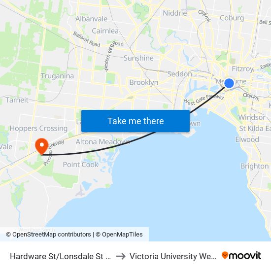 Hardware St/Lonsdale St (Melbourne City) to Victoria University Werribee Campus map