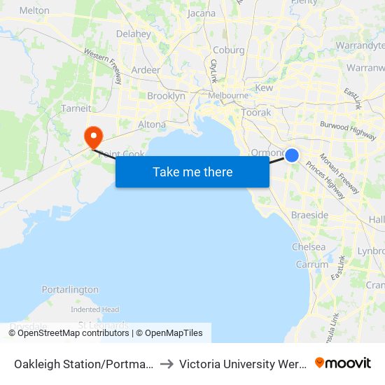 Oakleigh Station/Portman St (Oakleigh) to Victoria University Werribee Campus map