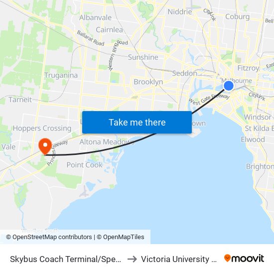 Skybus Coach Terminal/Spencer St (Melbourne City) to Victoria University Werribee Campus map