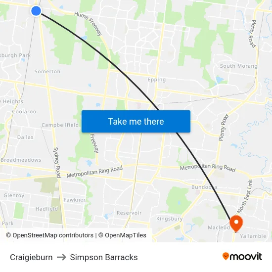 Craigieburn to Simpson Barracks map