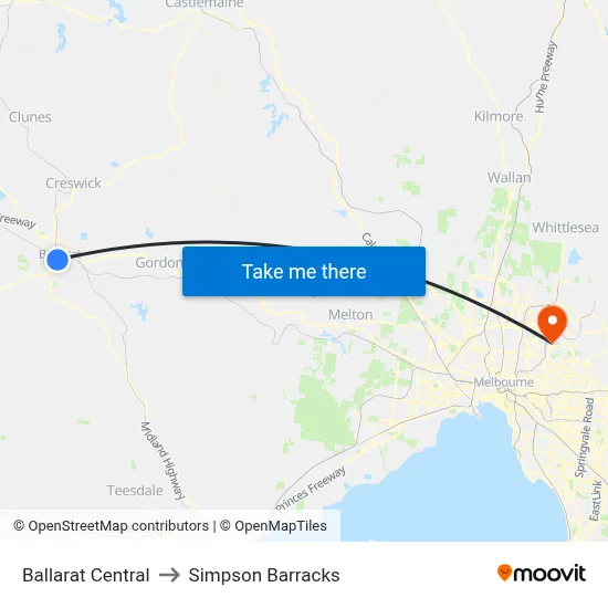 Ballarat Central to Simpson Barracks map