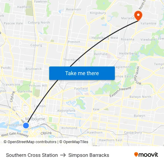 Southern Cross Station to Simpson Barracks map