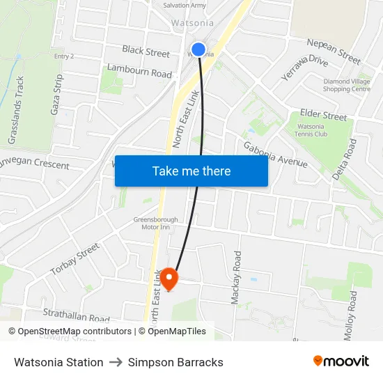 Watsonia Station to Simpson Barracks map