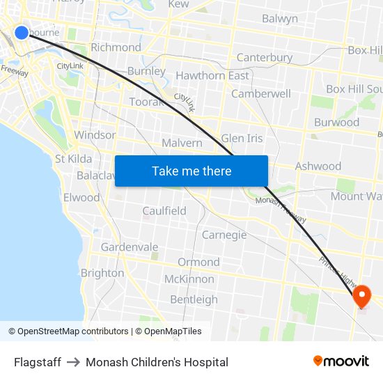 Flagstaff to Monash Children's Hospital map