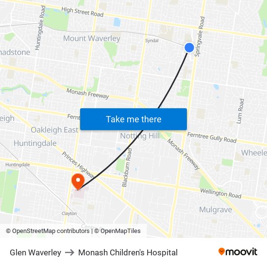 Glen Waverley to Monash Children's Hospital map